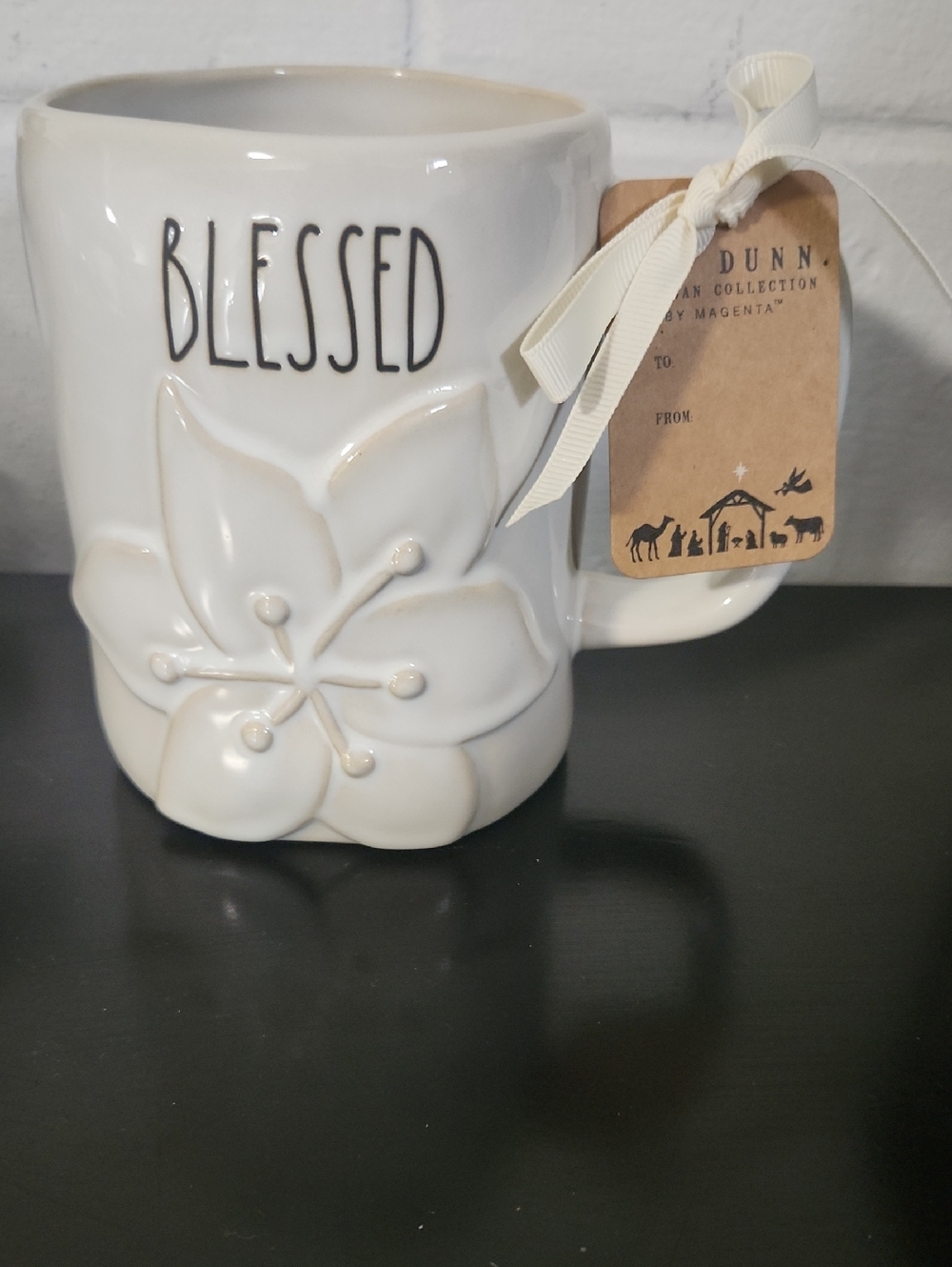 Rae Dunn White Ceramic Mug "Blessed" With Debossed Lily